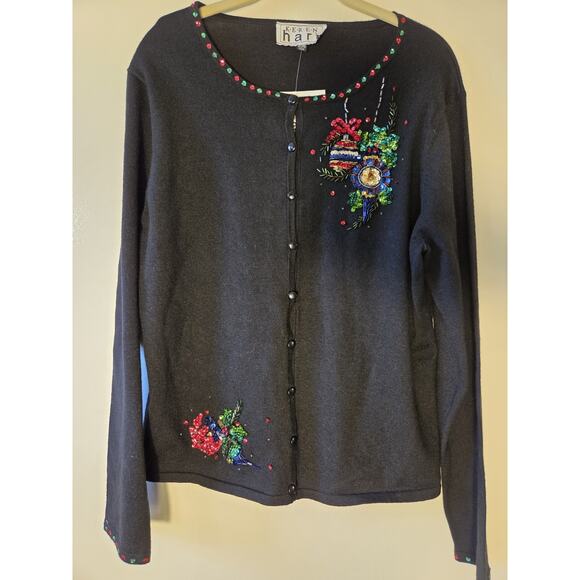 Keren Hart Christmas Holiday Cardigan Black Embellished Womens XL - Picture 1 of 9